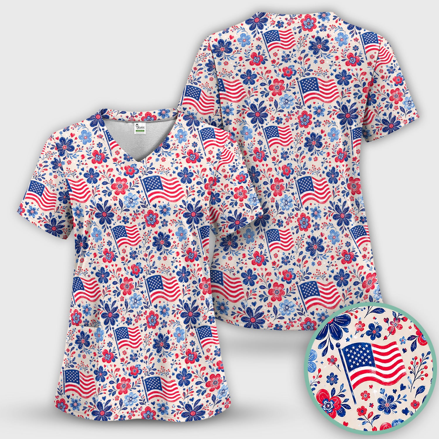 Patriotic Flag Floral Nurse Pattern Scrub Set, Scrub Pants and V Neck Top