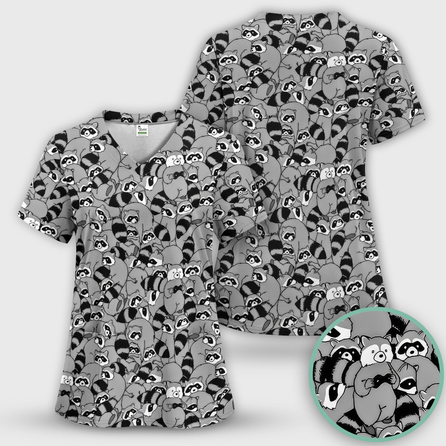 Cute Nurse Raccoon Crowd Pattern Scrub Set, Scrub Pants and V Neck Top