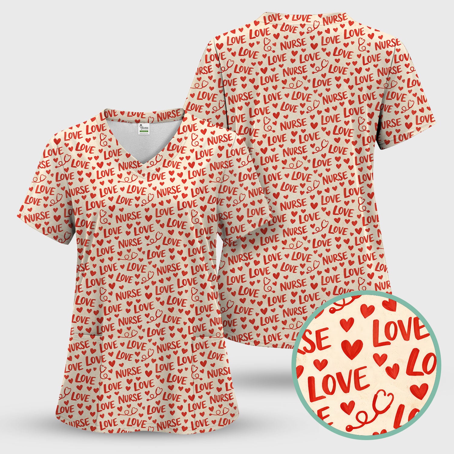 Valentine Pattern Scrub Top, Love Heart Medical Nurse Scrub Shirt, Breathable Fabrics Nursing Uniform