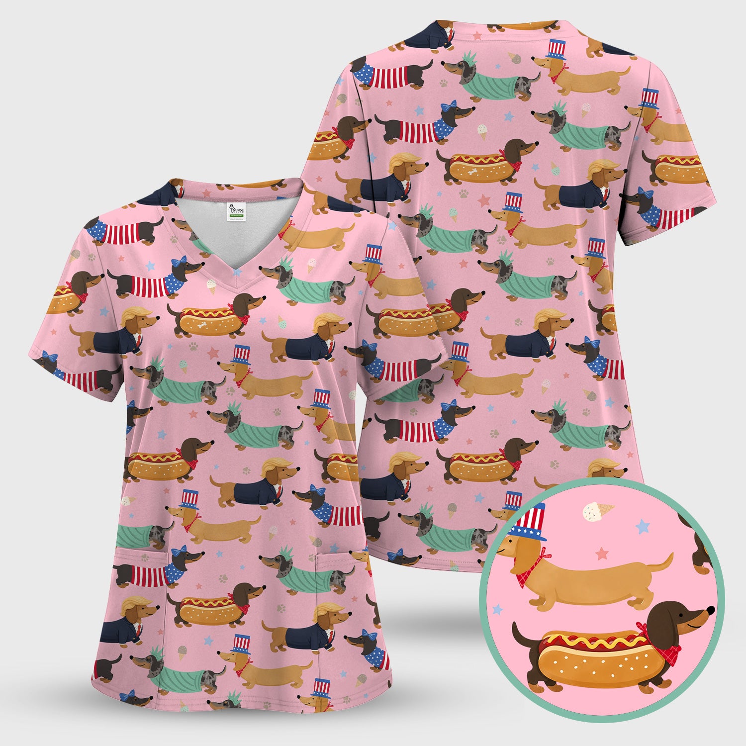Funny Patriotic Dachshund Costume Dogs Scrub Set, Women's Scrub Sets