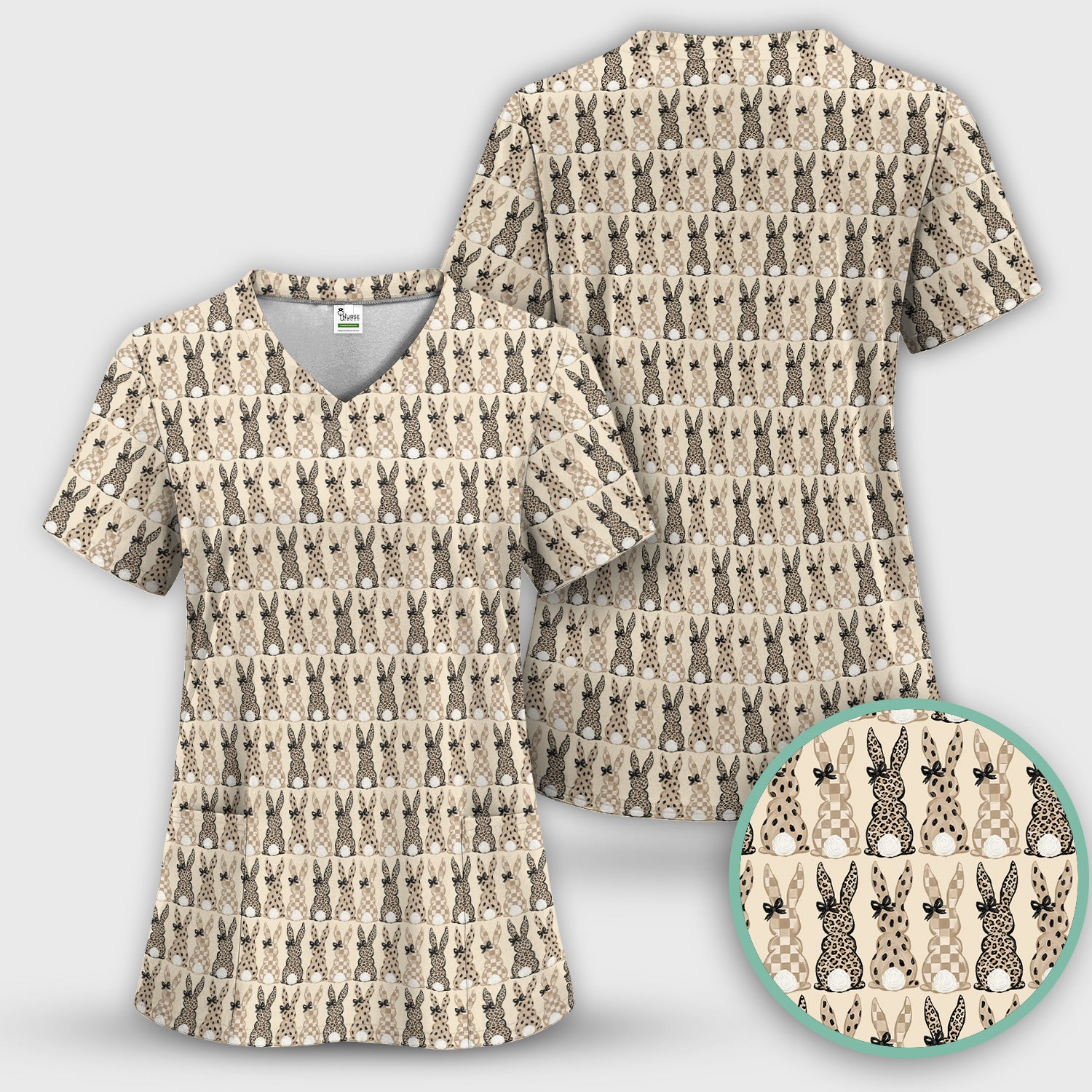 Vintage Bunny Pattern Beige Scrub Top, Comfortable Scrubs for Nurses