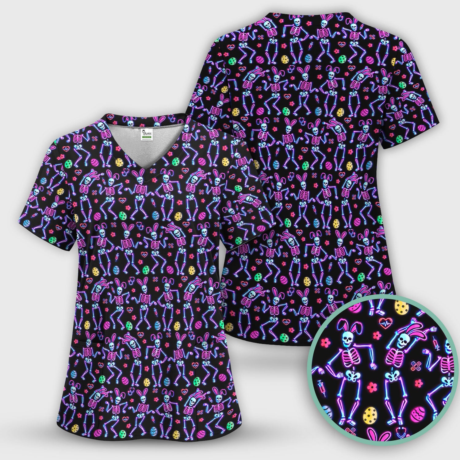Neon Easter Skeleton Pattern Scrub Top, Comfortable Scrubs for Nurses