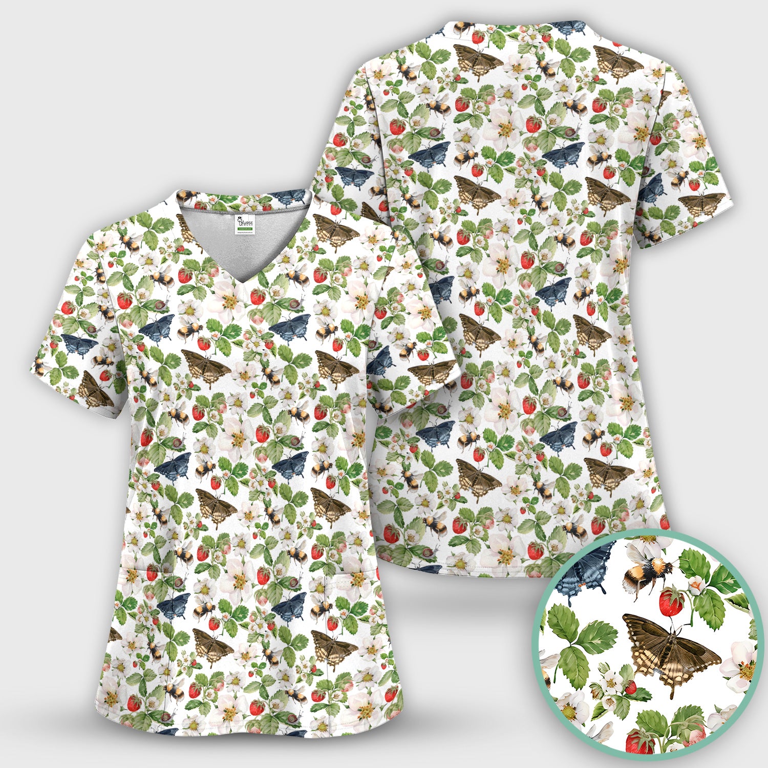 Charming Strawberry Butterfly Garden Pattern Scrub Set, Scrub Pants and V Neck Top