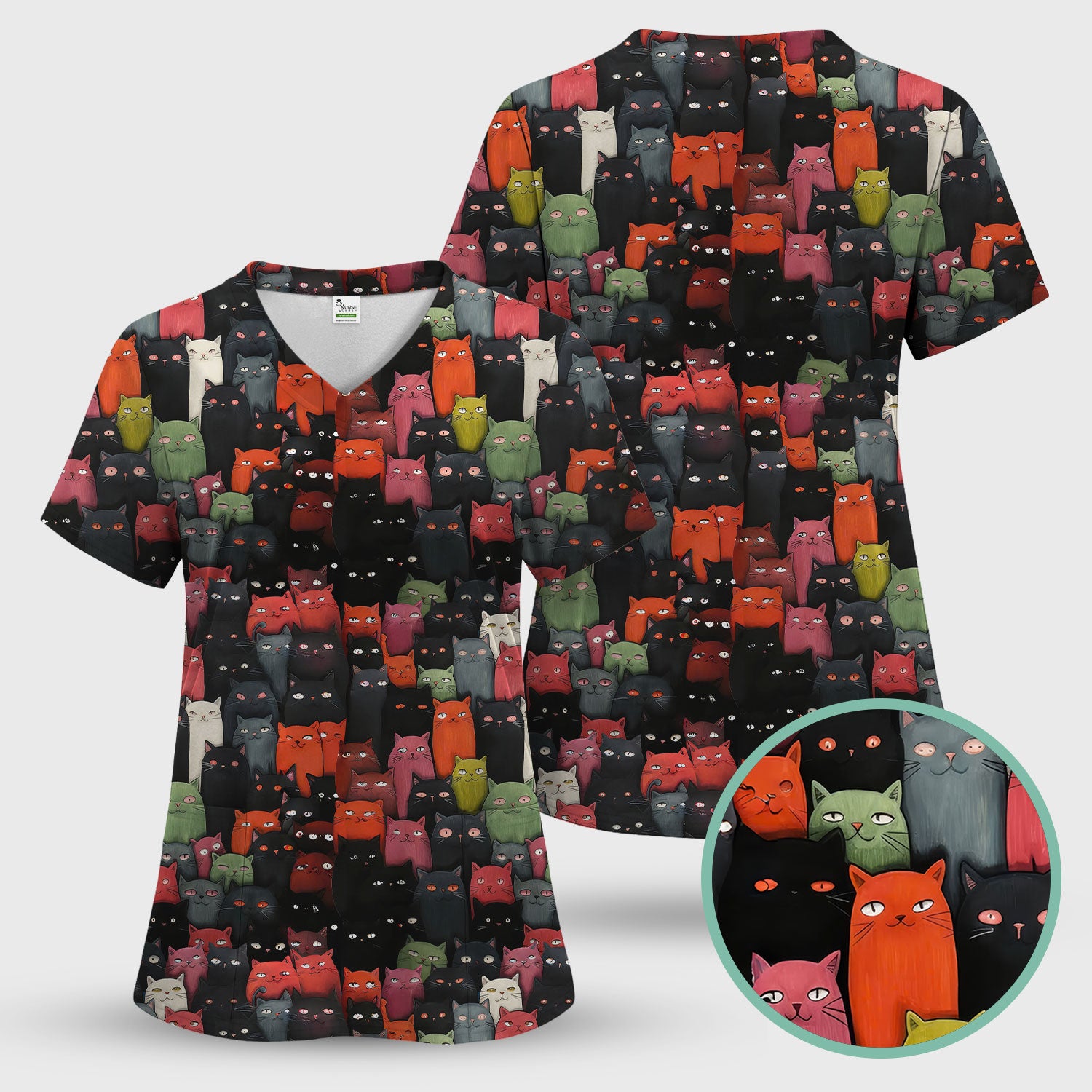 Cat Pattern Nurse Scrub Top, Artistic Cat Nurses Shirt For Women, Breathable Fabrics Nursing Uniform