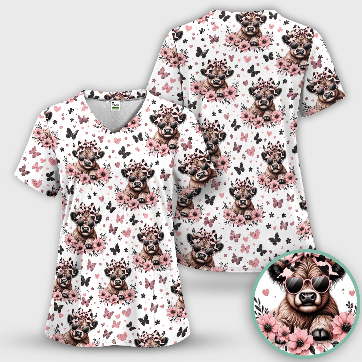 Cute Cow With Heart Sunglasses Pattern Scrub Top, Comfortable Scrubs for Nurses