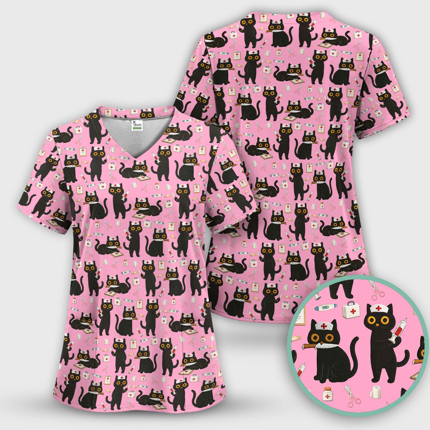 Cute Black Cat Nurse Pattern Women's Scrub Set, Breathable Med Uniform