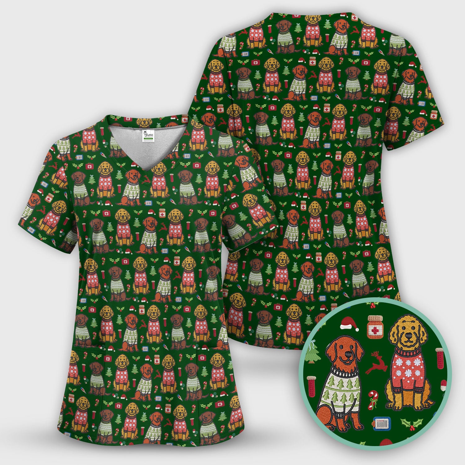 Golden Retriever Christmas Scrub Top, Cute Holiday Dog Nurse Pattern Shirt, Breathable Fabrics Nursing Uniform
