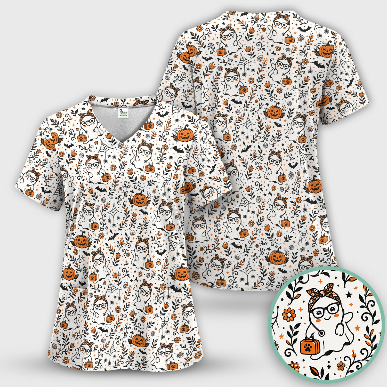 Cute Halloween Nurse Ghost And Pumpkins Scrub Top, Comfortable Scrubs for Nurses