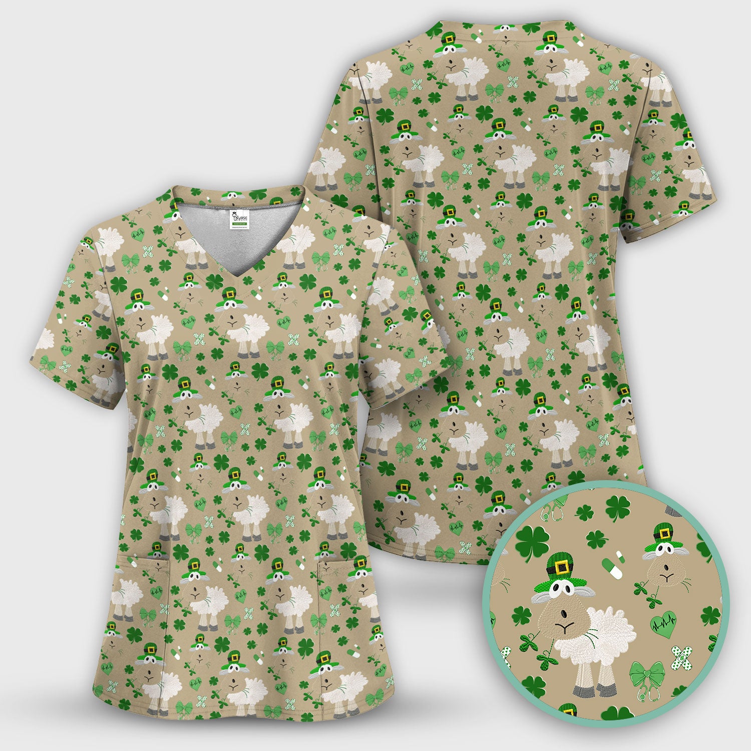 Nurse St. Patrick Scrubs Top, Cute Sheep Shamrock Pattern Nurse Shirt, Breathable Fabrics Nursing Uniform