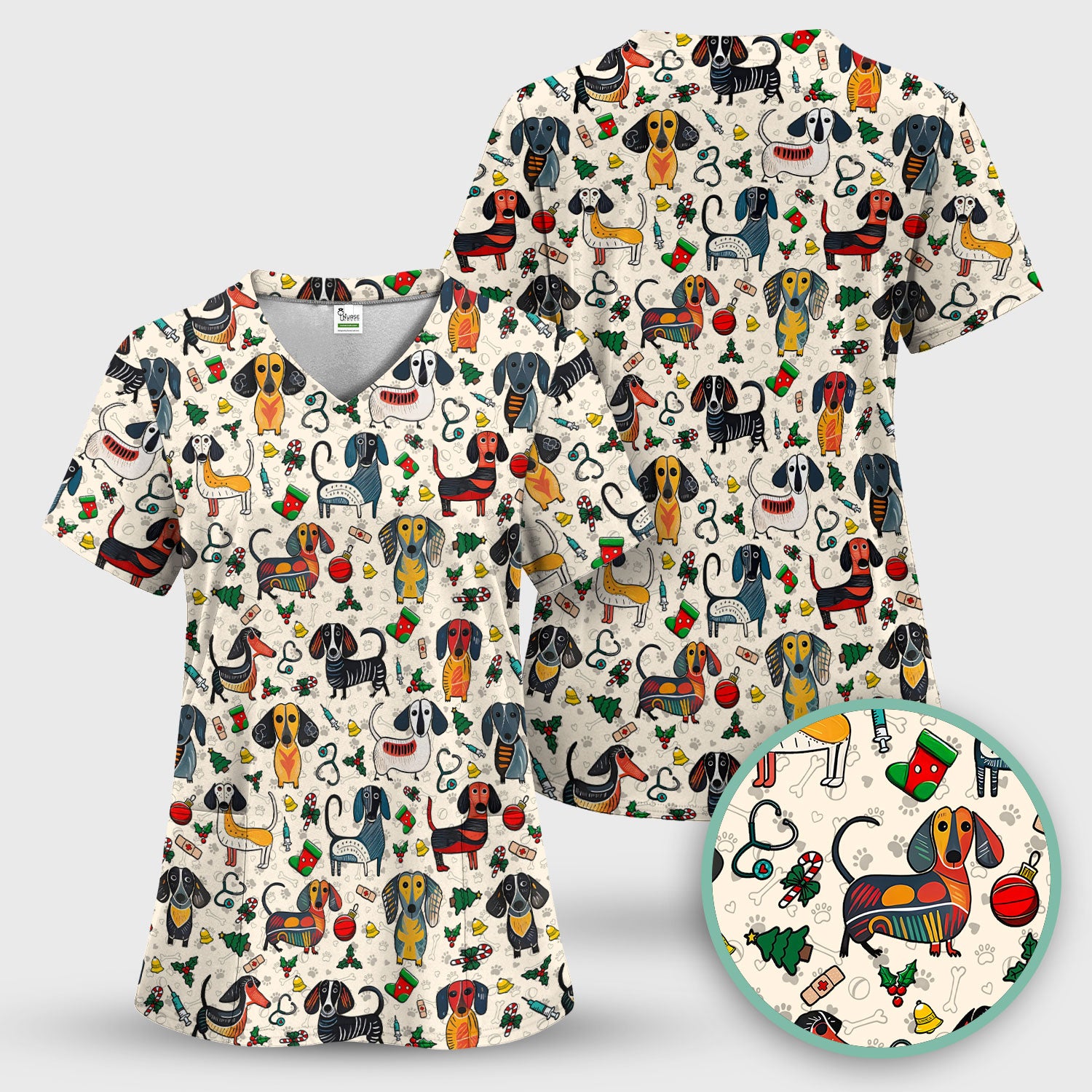 Christmas Wiener Dog Scrub Top - Funny Sausage Dog Nurse Shirt for Women - Holiday Medical Uniform