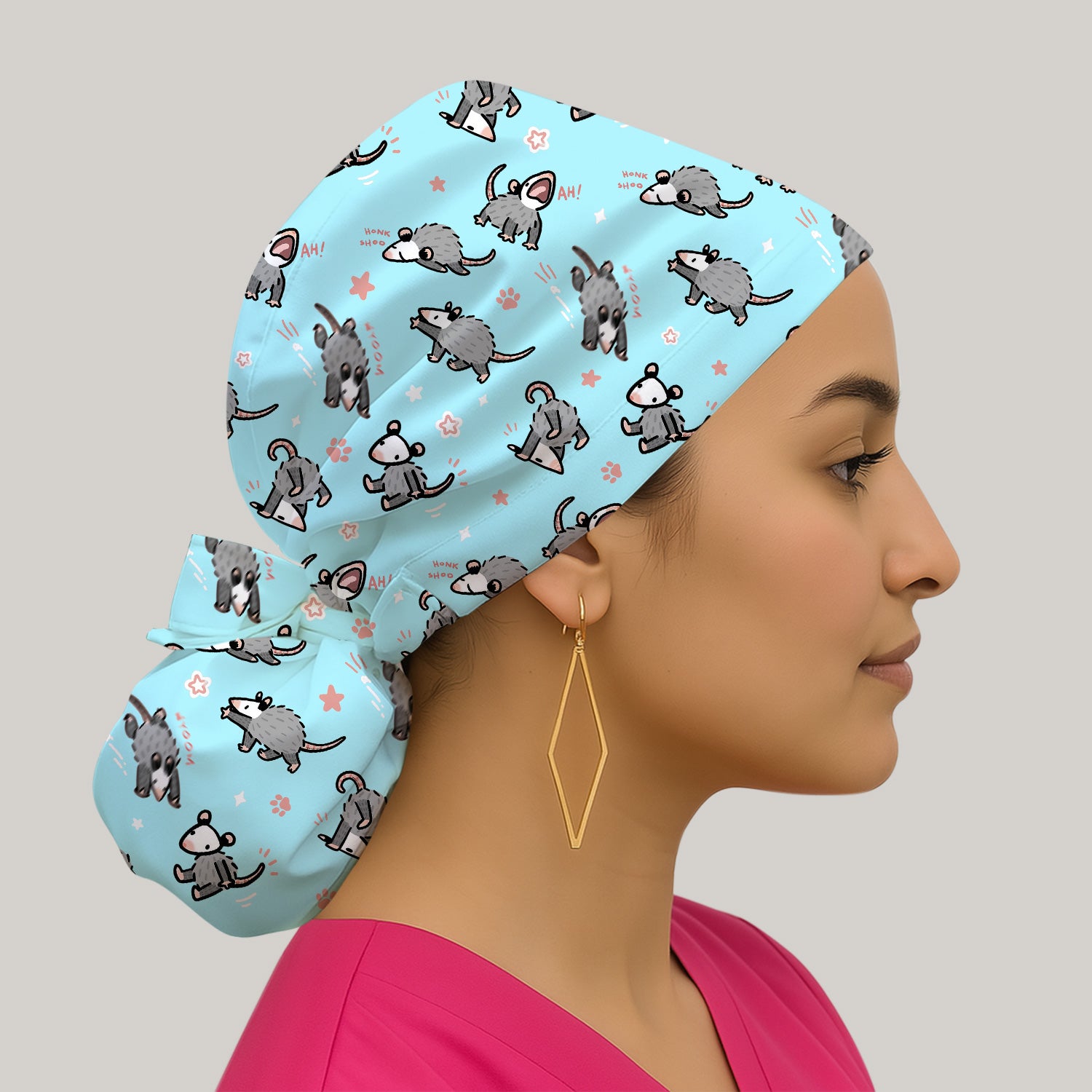 Playful Cartoon Opossum Character Pattern Cap, Bouffant Scrub Caps for Women