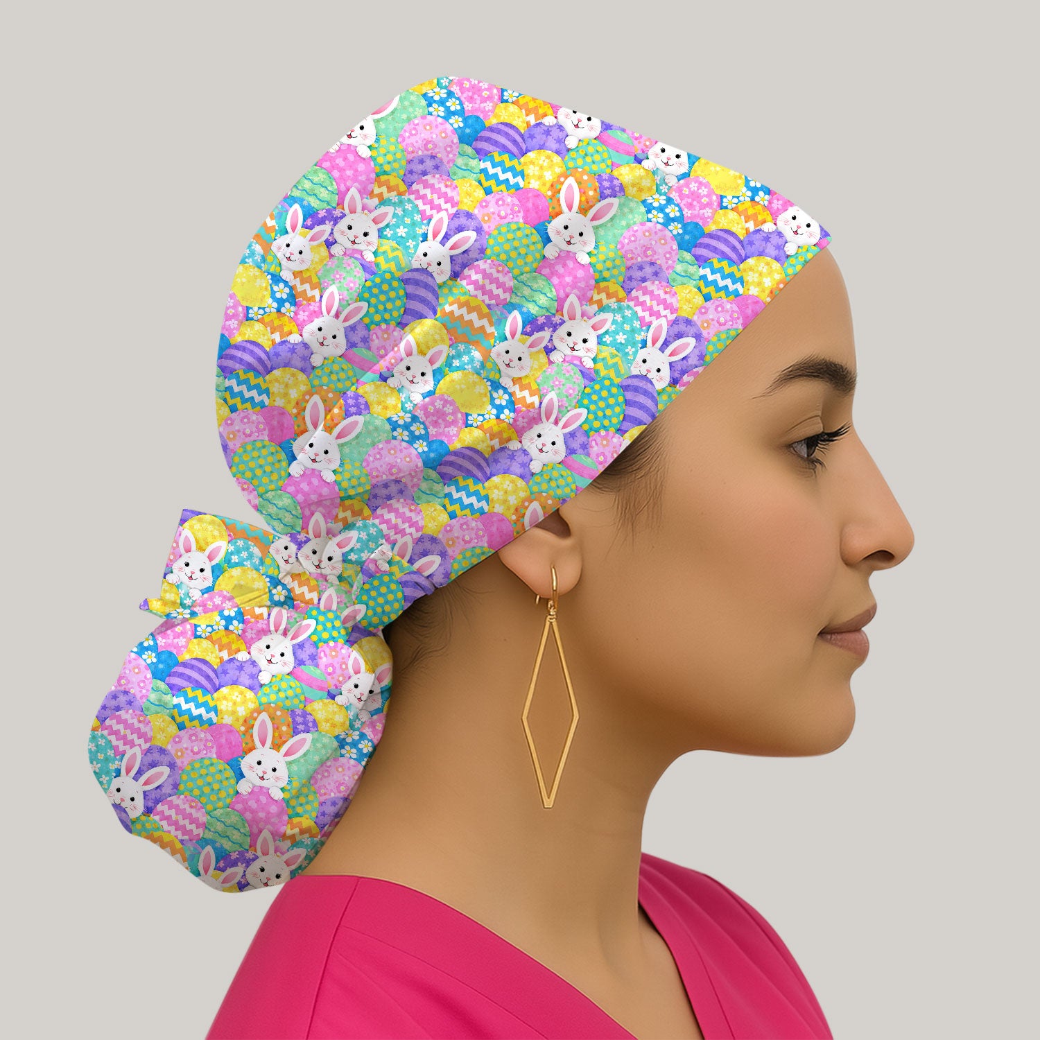 Easter Bunny Colorful Egg Pattern Print Cap, Bouffant Scrub Caps for Women