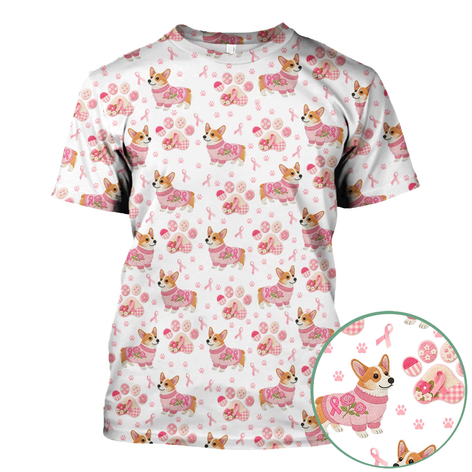 Corgi Pink Ribbon Scrub for Women - Breast Cancer Awareness Shirt - Floral Dog Paw Print Nursing Uniform - Support Gift