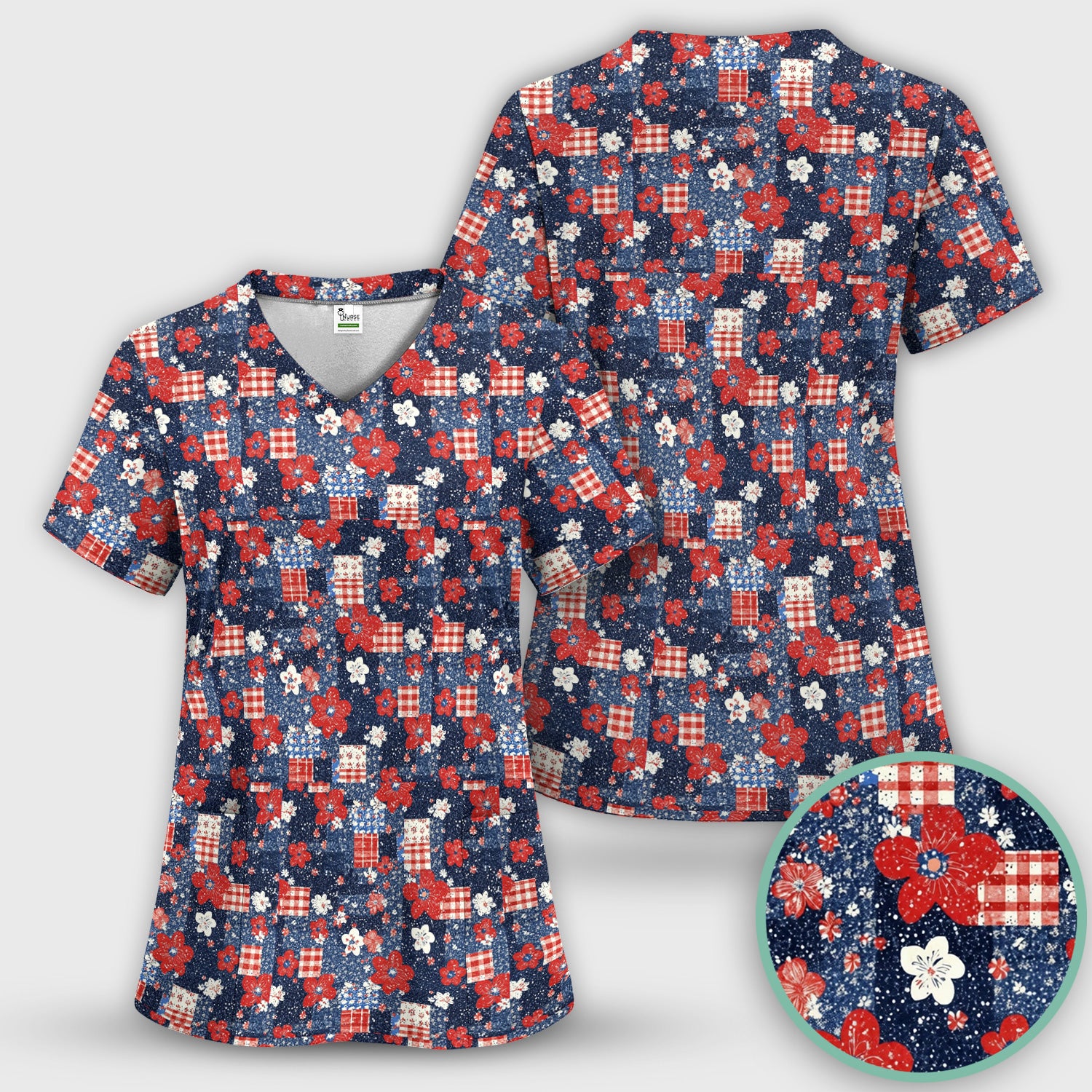 Patriotic Gingham Floral Patchwork Pattern Scrub Set, Scrub Pants and V Neck Top