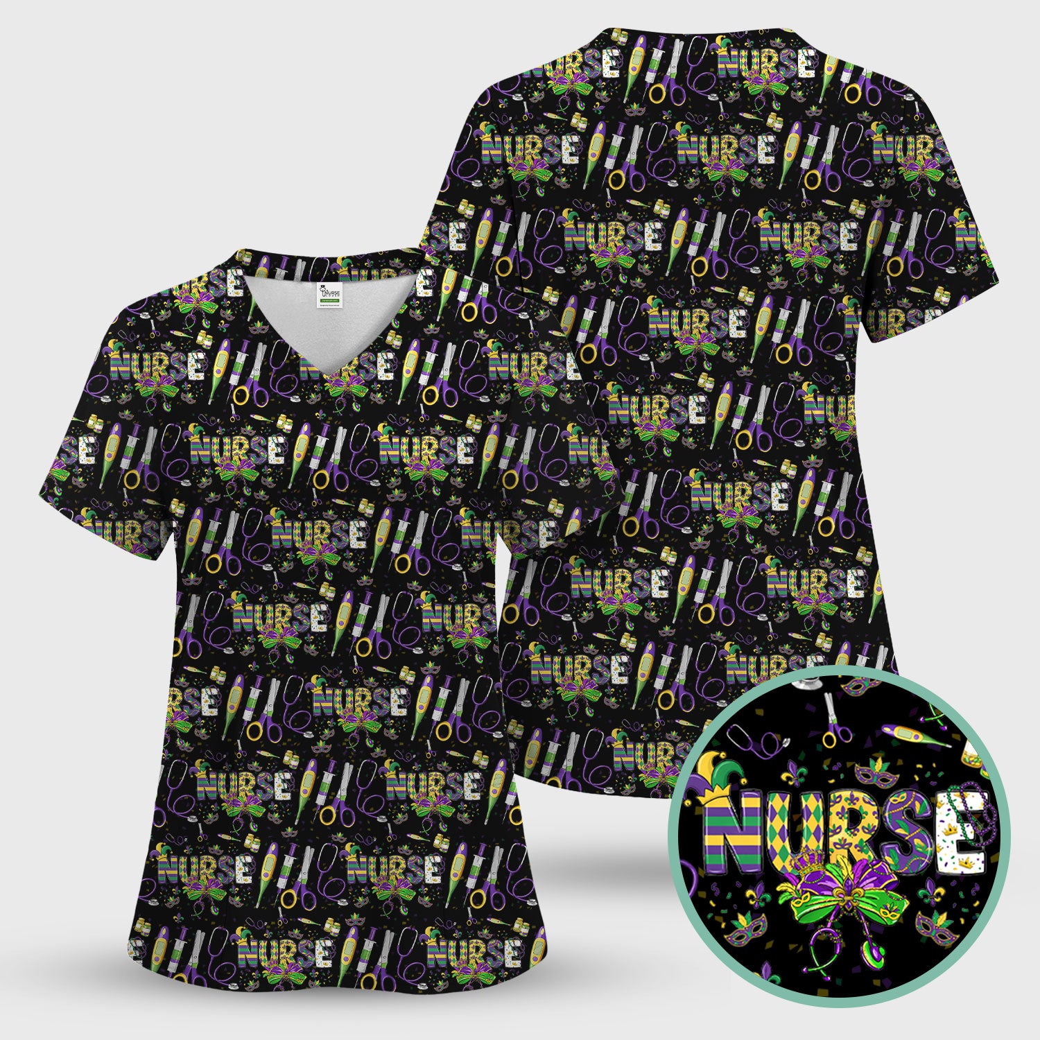 Mardi Gras Nurse Scrub Top, Holiday Medical Pattern Nurse Shirt, Breathable Fabrics Nursing Uniform
