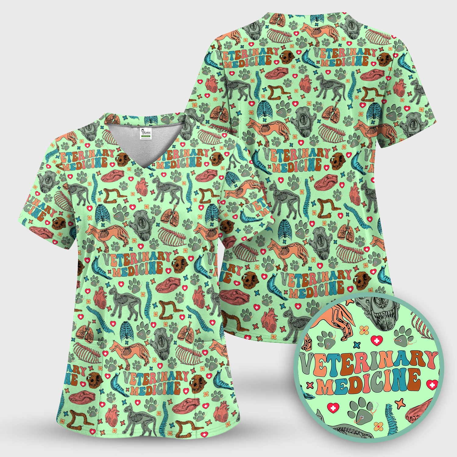Vet Tech Scrub Top - Veterinary Medicine Pattern - Animal Medical Uniform for Women Nurse Gift