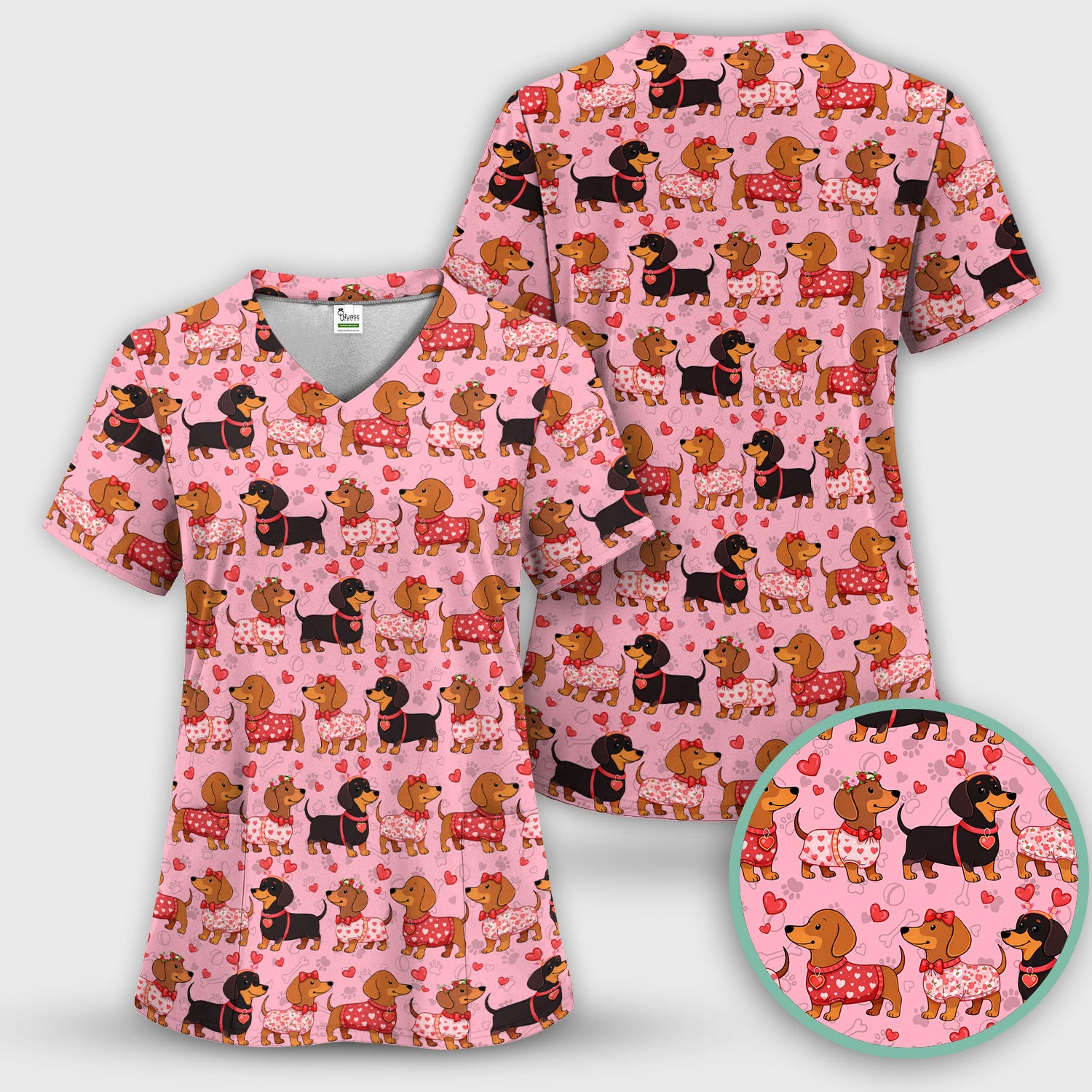 Valentine Dachshund Scrub Top, Wiener Dog Love Pattern Nurse Shirt, Breathable Fabrics Nursing Uniform