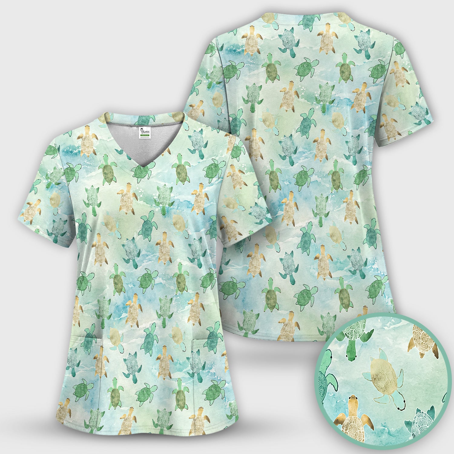 Watercolor Sea Turtle Pattern Scrub Top, Comfortable Scrubs for Nurses