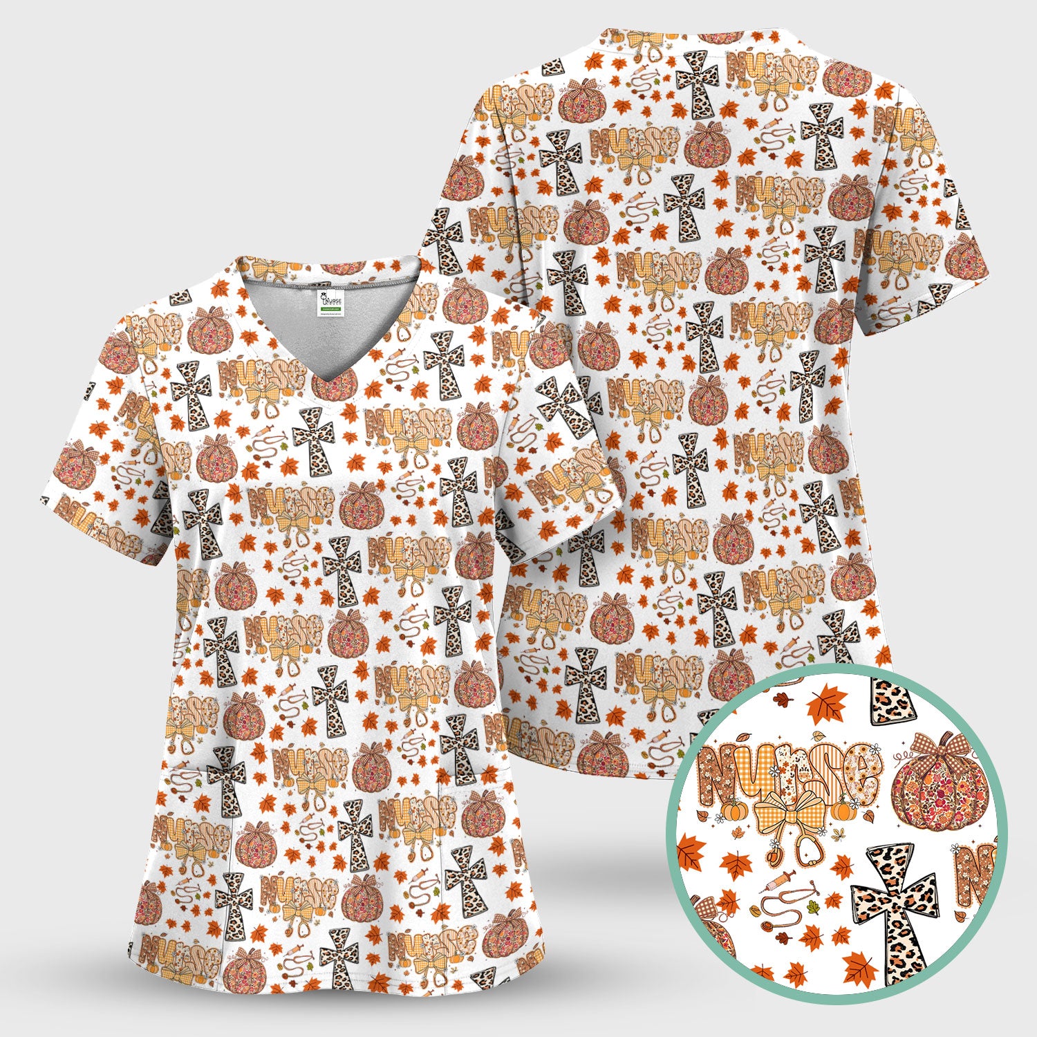 Floral Pumpkin Scrub Top for Women - Coquette Bow Thanksgiving Shirt - Comfortable Medical Uniform