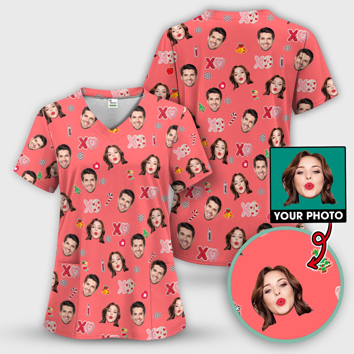 Personalized Photo Scrub Top, Custom Face XOXO Scrub Shirt, Breathable Fabrics Nursing Uniform