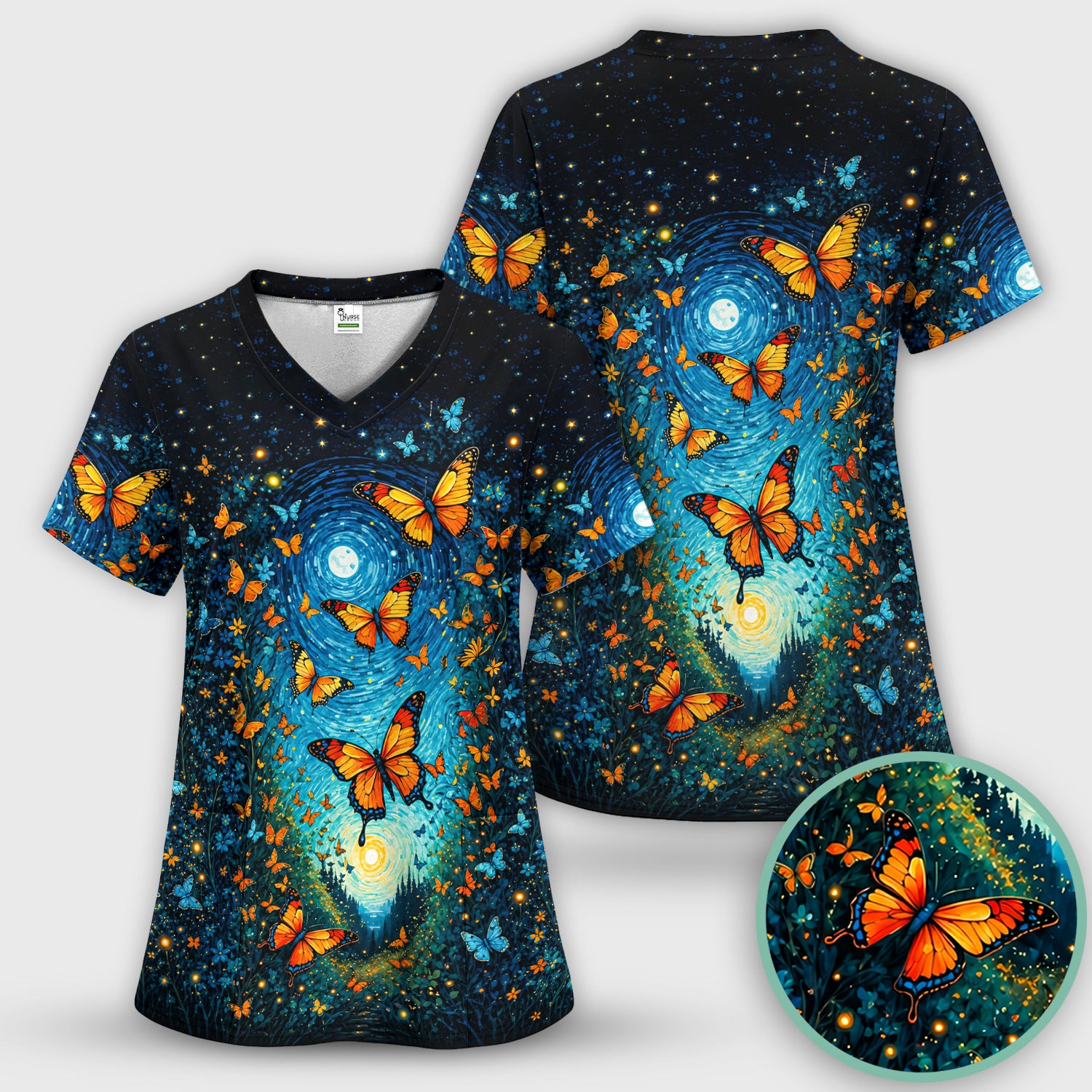 Moonlit Butterfly Nurse Print Scrub Set, Scrub Pants and V Neck Top