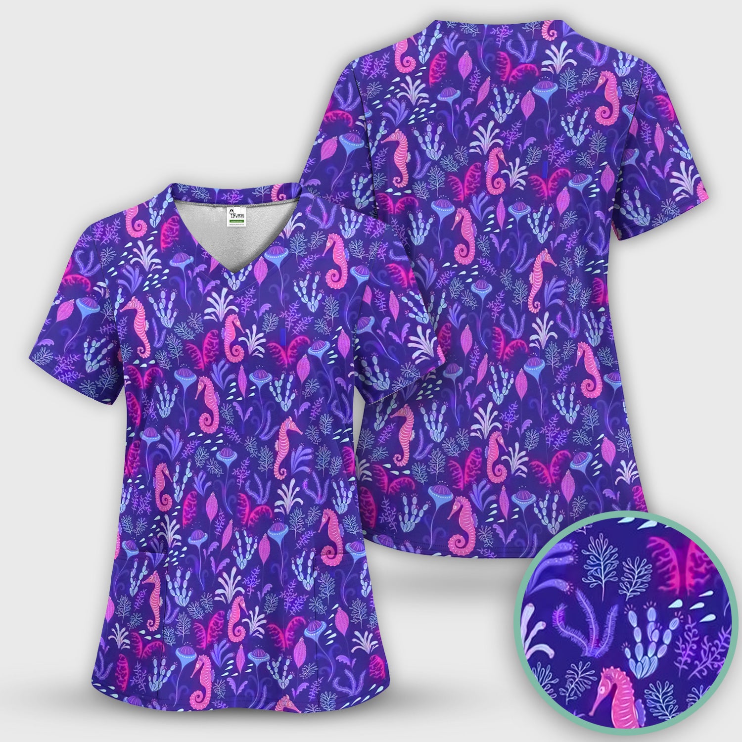 Purple Seahorse Ocean Scrub Set, Scrub Pants and V Neck Top