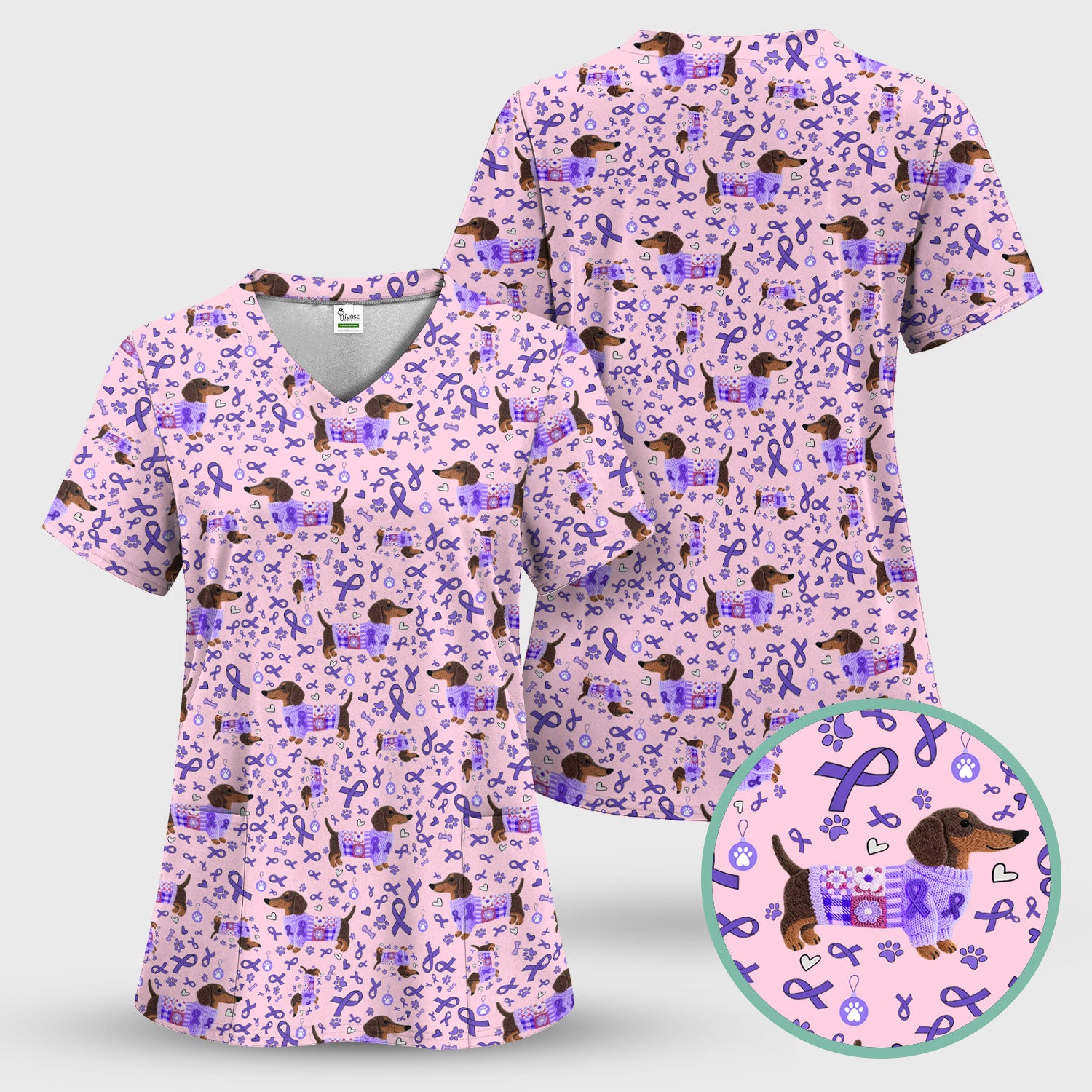 Purple Ribbon Dachshund Scrub Top for Nurses - Cute Awareness Dog Paw Prints - Support Lupus Cancer Med Uniform Gift for Women