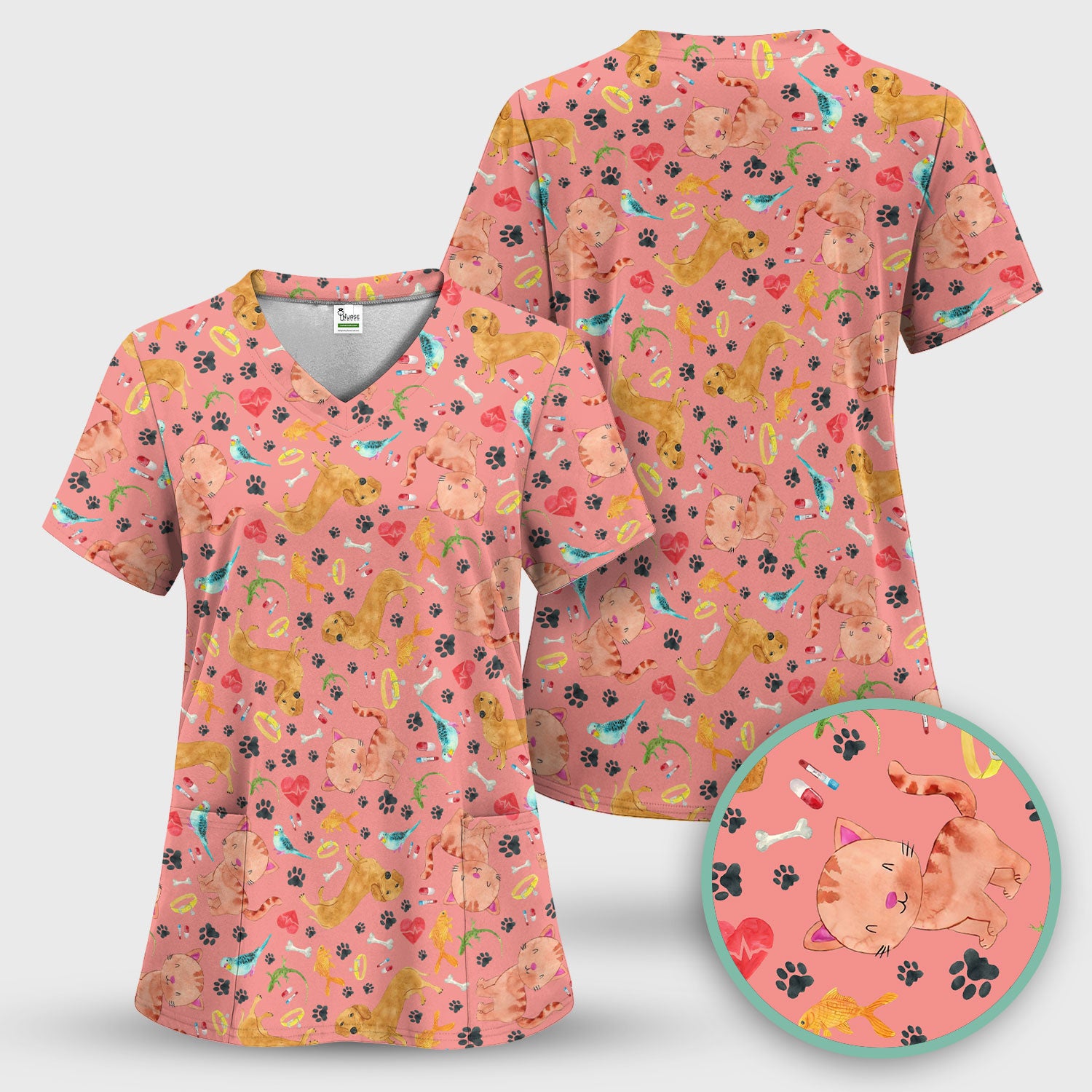 Cute Cat Dog Scrub Top - Animal Lover Medical Uniform - Funny Veterinary Nurse Shirt for Women RN CNA LPN