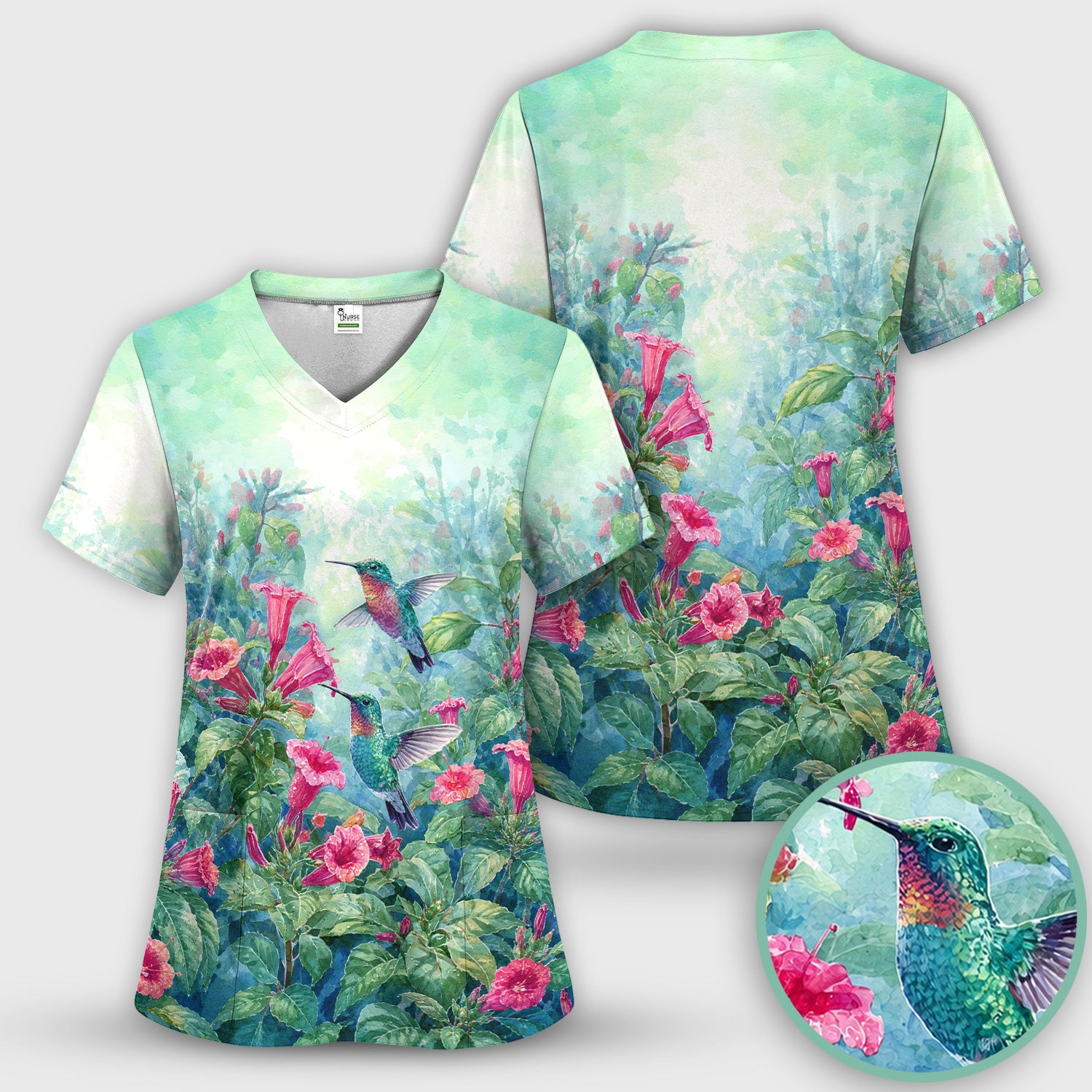 Vintage Hummingbird Floral Garden Pattern Scrub Set, Scrub Pants and V Neck Top