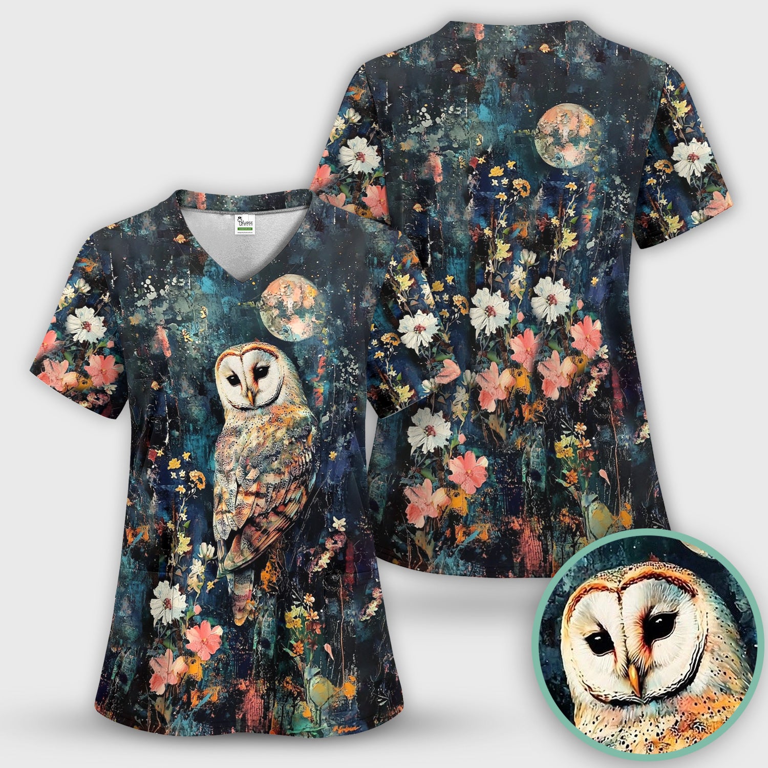 Moonlit Barn Owl Floral Pattern Scrub Top, Comfortable Scrubs for Nurses
