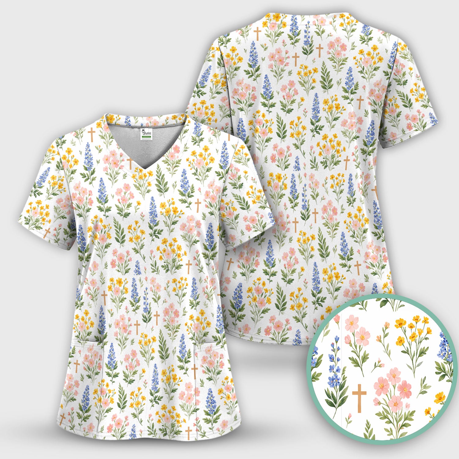 Pastel Floral Cross Nursing Scrub Top, Breathable Fabrics Nursing Uniform