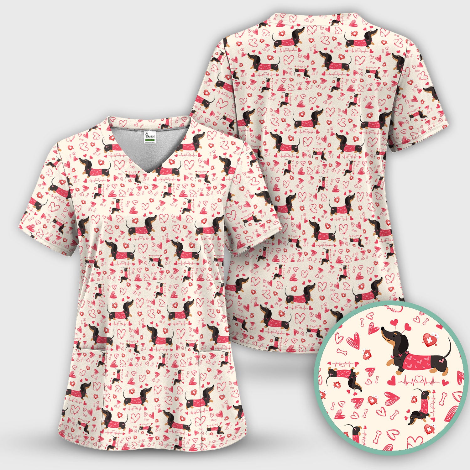 Dachshund Valentine Scrub Set, Cute Wiener Dog Heart Pattern Nurse Shirt, Breathable Fabrics Nursing Uniform