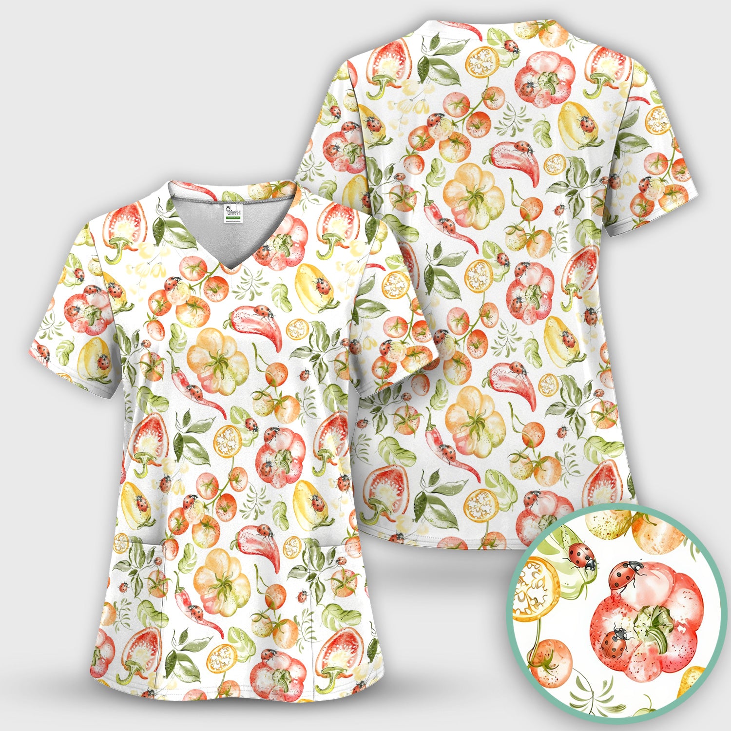 Cute Watercolor Veggie Ladybug Pattern Scrub Top, Comfortable Scrubs for Nurses