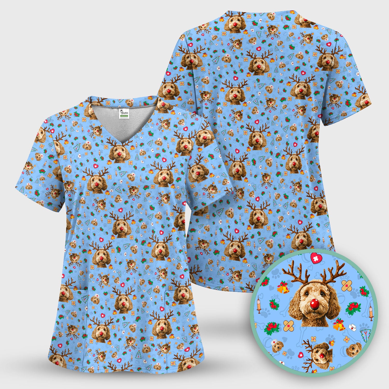 Labradoodle Reindeer Christmas Scrub Top - Funny Dog Nurse Shirt - Cute Holiday Medical Uniform for Women RN LPN CNA Gift