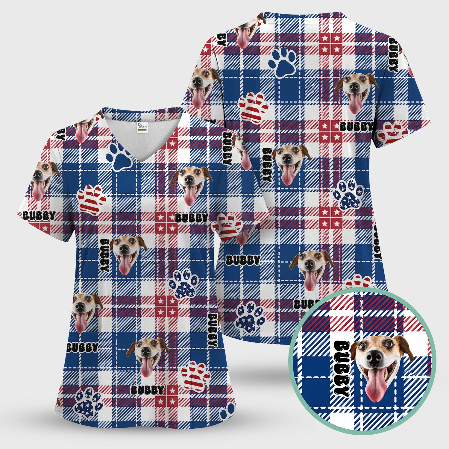 Custom Dog Face Scrub Set, Patriotic Dog Plaid Pattern Shirt, Scrub Pants and V Neck Top