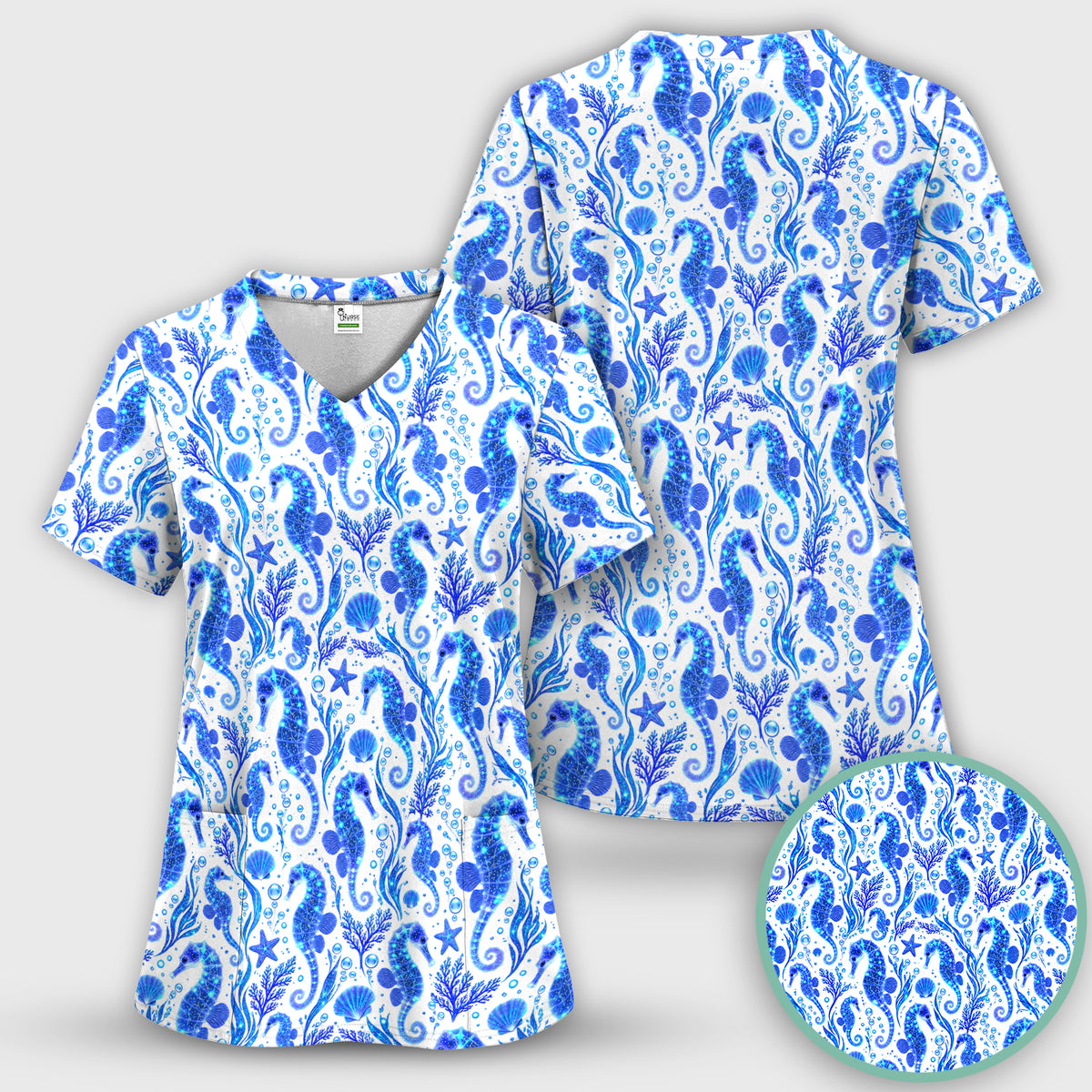 Blue Ocean Seahorse Pattern Scrub Top, Comfortable Scrubs for Nurses