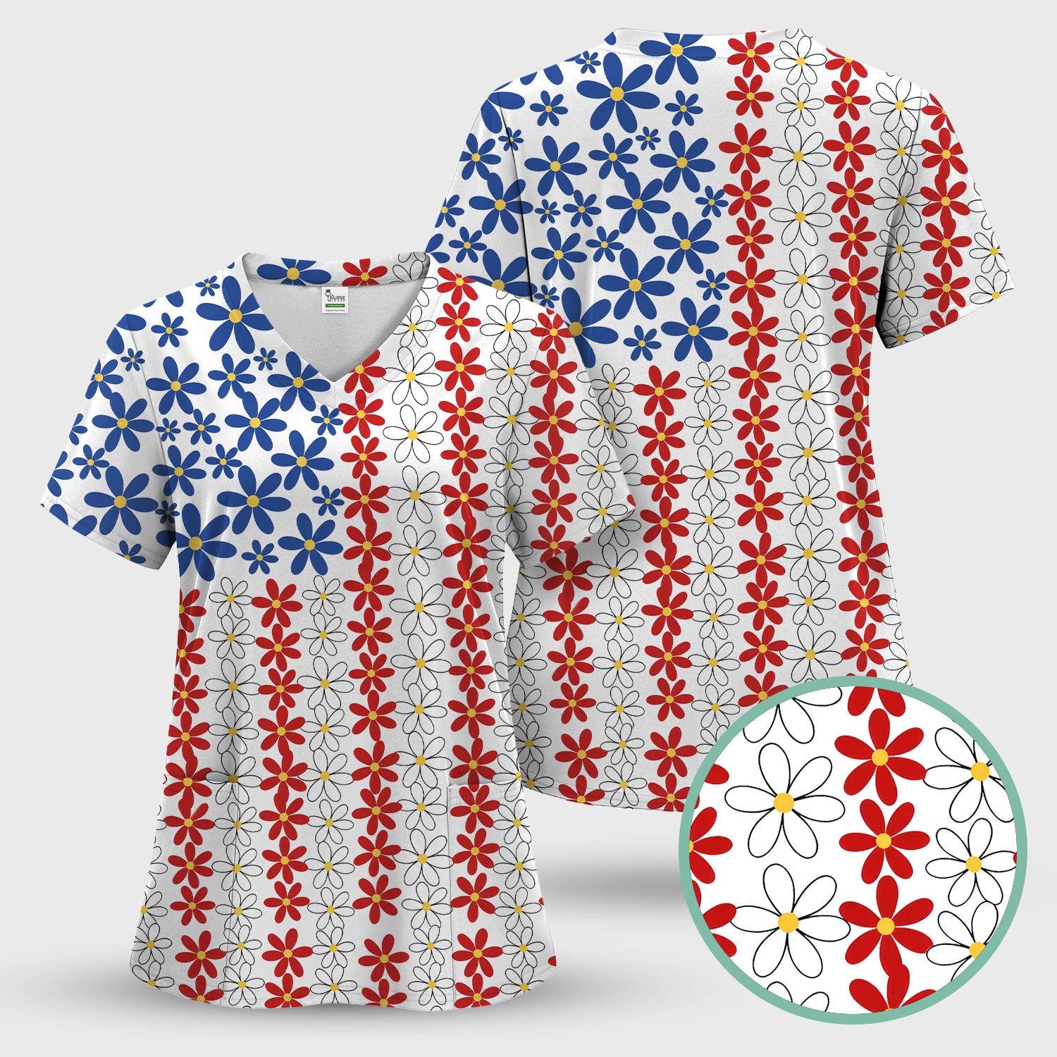 Retro Red Blue Daisy Stripe Pattern Scrub Top, Breathable Fabrics Nursing Uniform