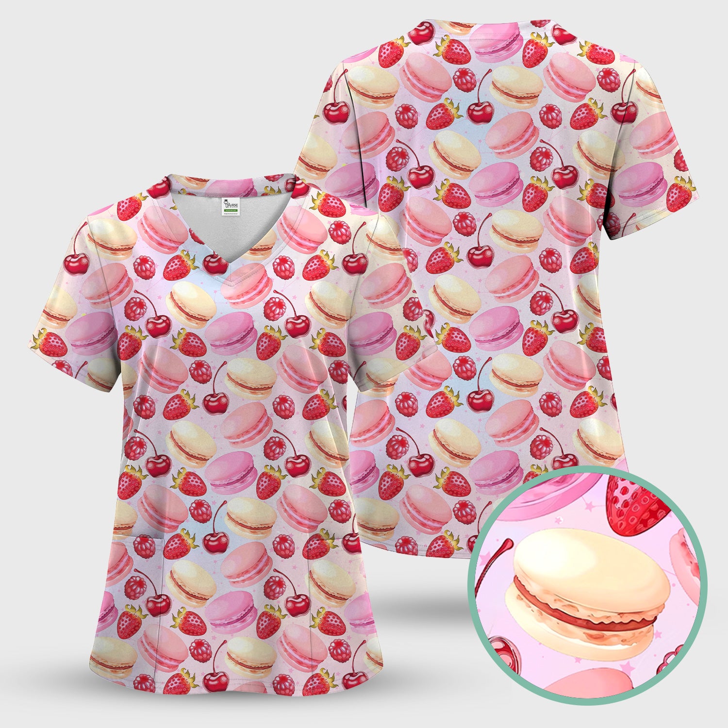 Sweet Dessert Pattern Scrub Set, Scrub Pants and V Neck Top