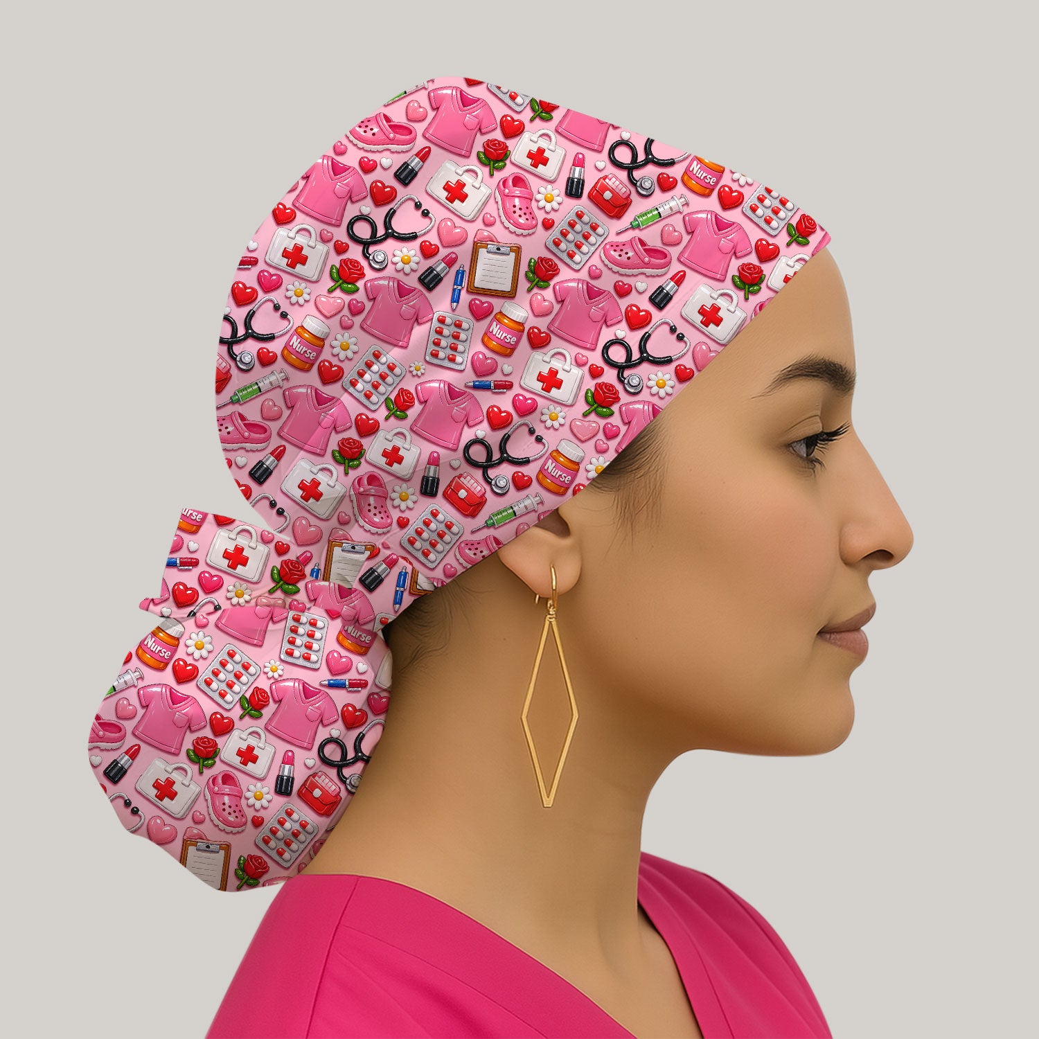 Medical Icons Scrub Cap, Cute Pattern Nurse Hat, Breathable Fabrics Nursing Uniform