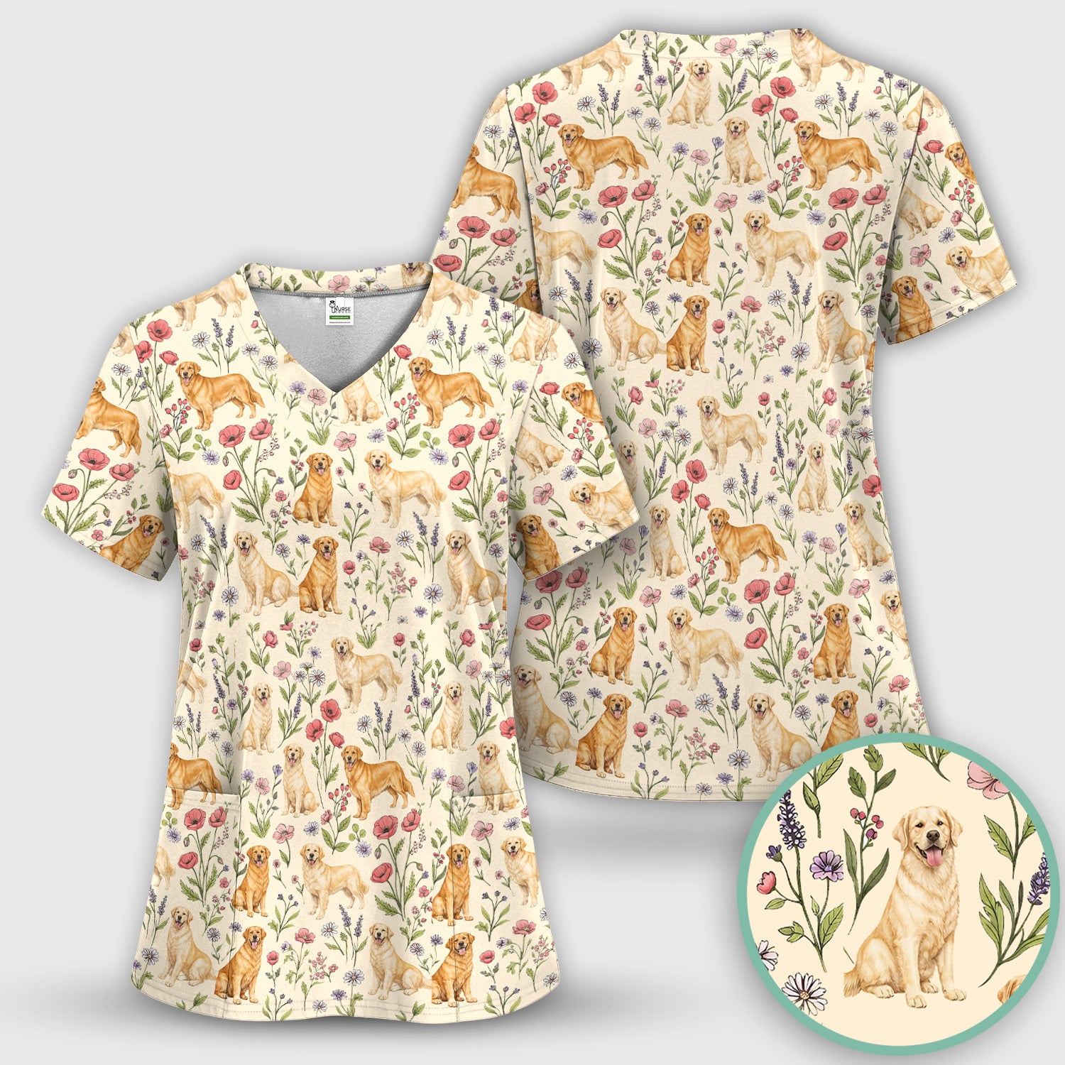 Cute Golden Retriever Floral Pattern Scrub Top, Breathable Fabrics Nursing Uniform