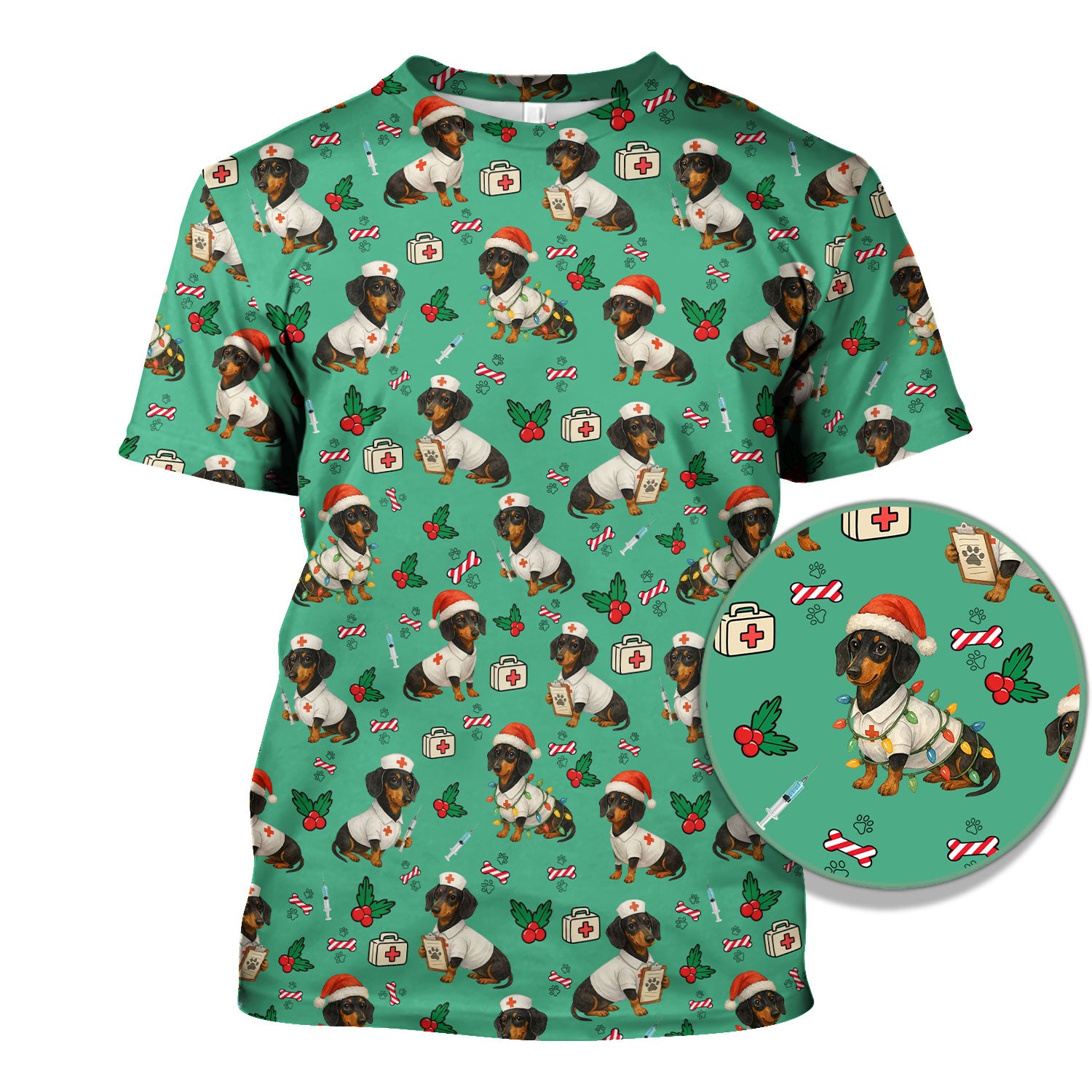 Dachshund Nurse Christmas Scrub Shirt - Cute Sausage Dog Scrub Top Multi Colors - Funny Holiday Nursing Workwear with Pockets