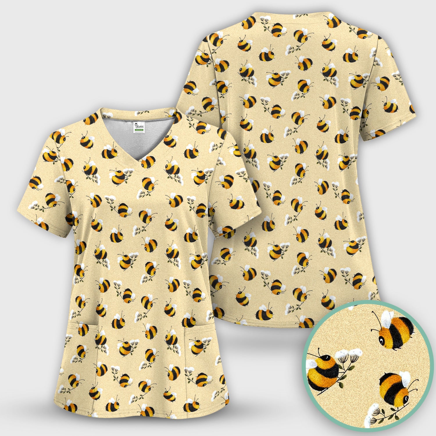 Cute Bumble Bee Blossom Pattern Scrub Set, Scrub Pants and V Neck Top