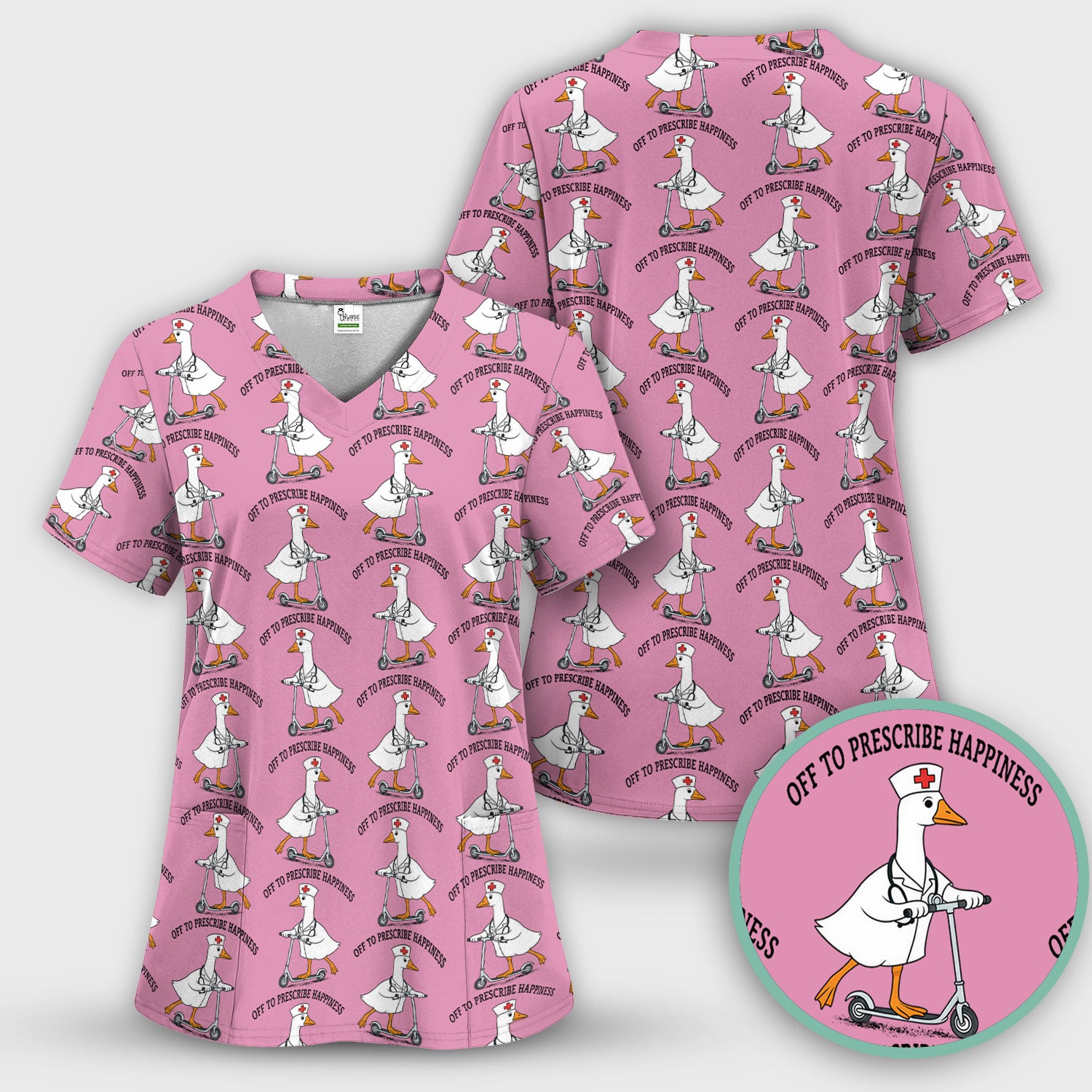 Nurse Goose Scooter Print Scrub Top, Breathable Fabrics Nursing Uniform