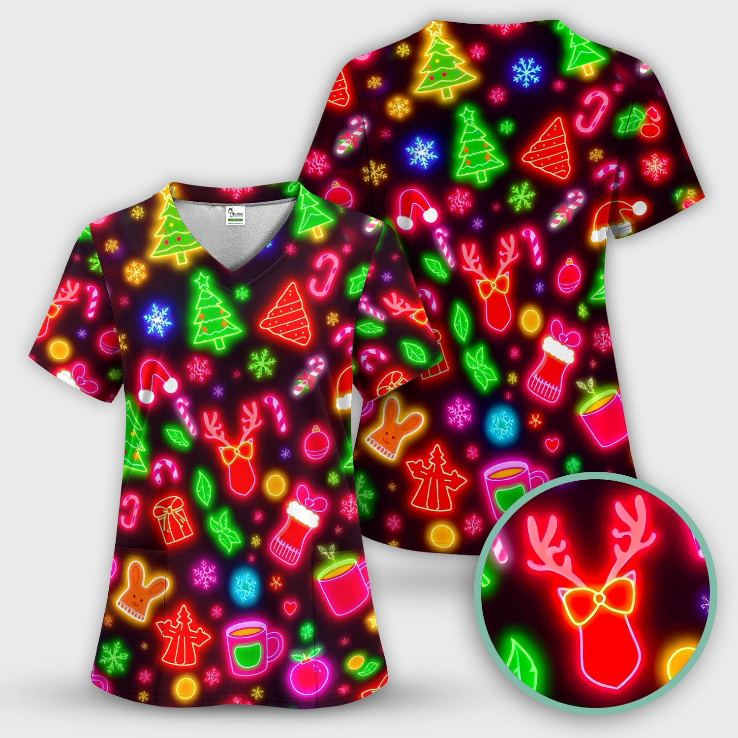Reindeer Neon Xmas Scrub Top, Christmas Pattern Scrub Shirt,  Breathable Fabrics Nursing Uniform