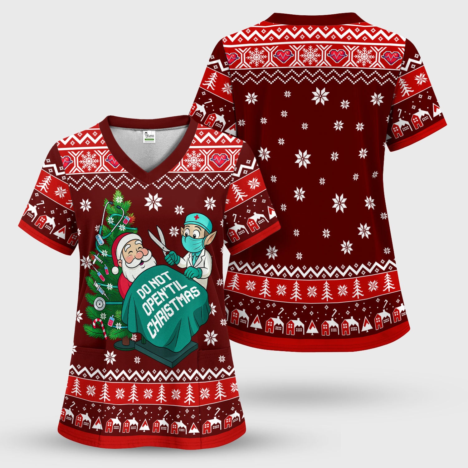 Funny Scrub Top for Women - Do Not Open Til Christmas Santa and Elf - Holiday Medical Uniform Gift for RN LPN CNA