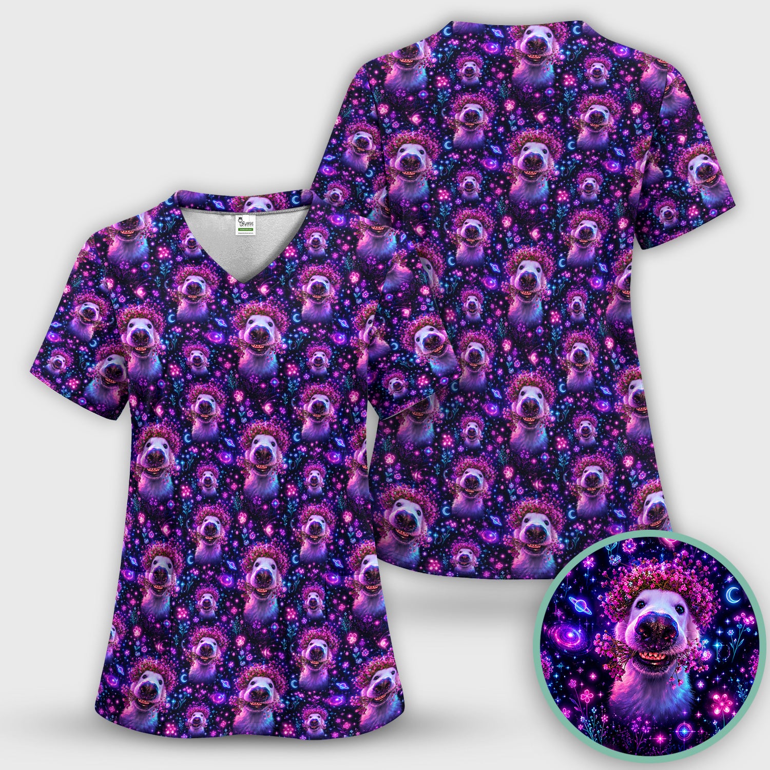 Galaxy Golden Retriever Pattern Scrub Set, Scrub Pants and V Neck Top