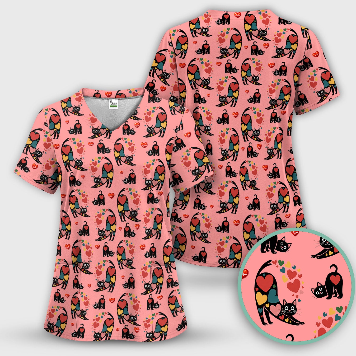 Playful Cat Valentine Heart Print Nurse Scrub Top, Comfortable Scrubs for Nurses