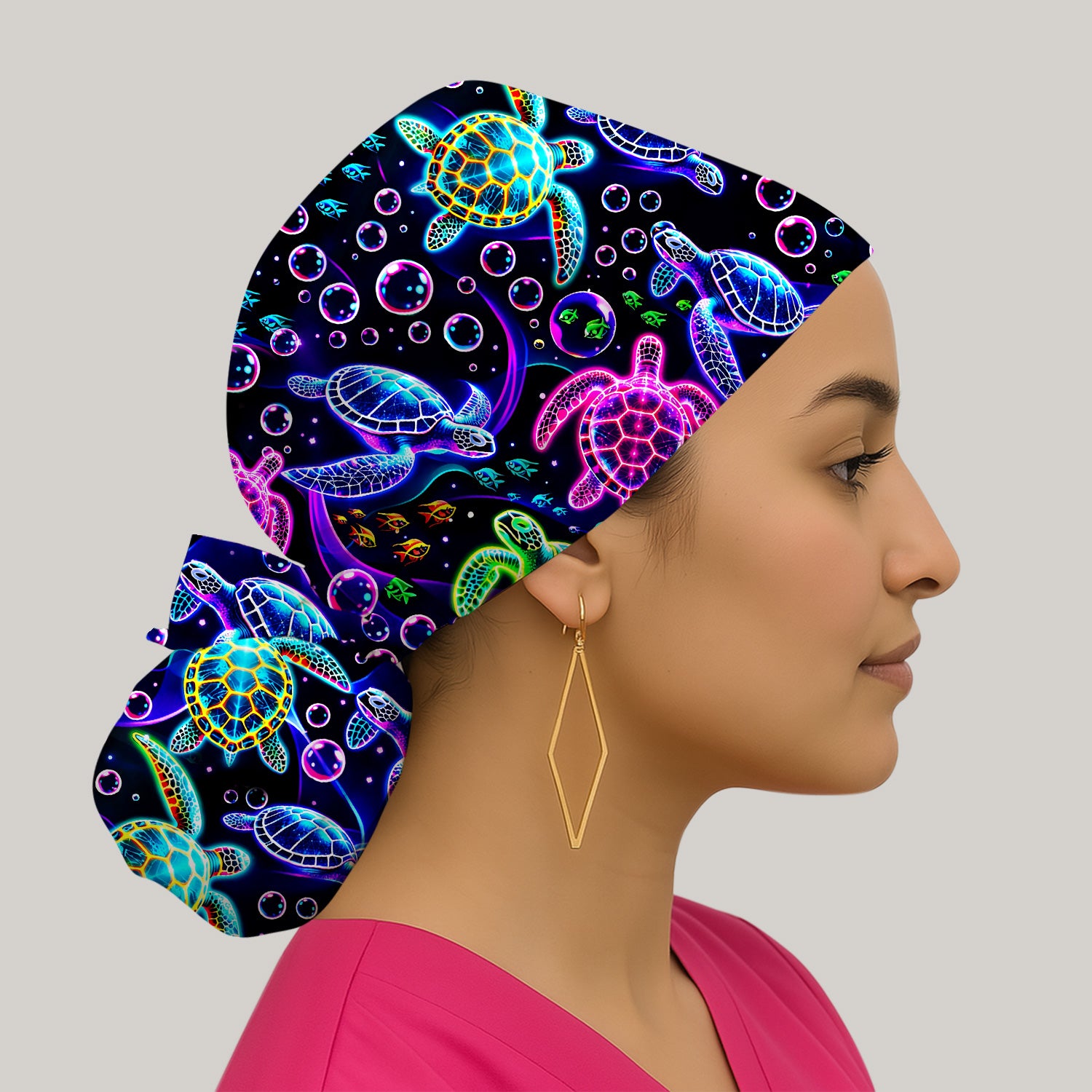 Neon Sea Turtle Swimming Bubble Ocean Scrub Cap, Surgical Caps for Doctors