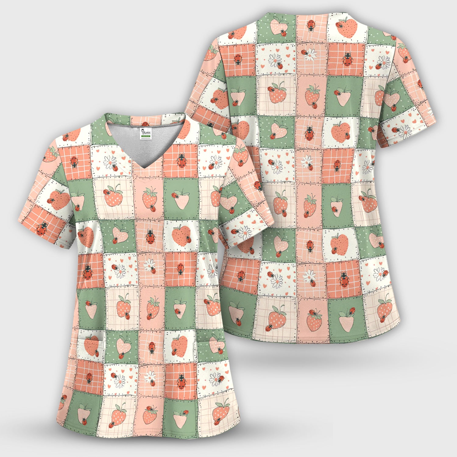 Strawberry Ladybug Patchwork Pattern Scrub Top, Comfortable Scrubs For Nurses