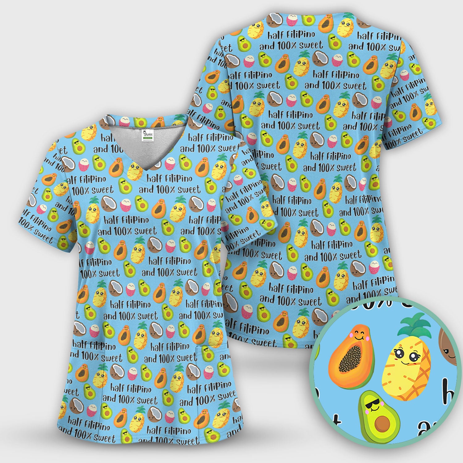 Playful Avocado Fruit Print Filipino Quote Scrub Top, Breathable Fabrics Nursing Uniform